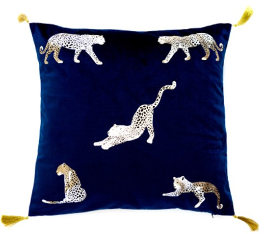 Gld Foil Prt Leopard On Navy Vlvt Cushion