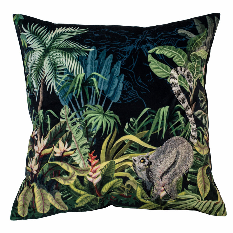 Emb Lemur On Black Velvet Cushion