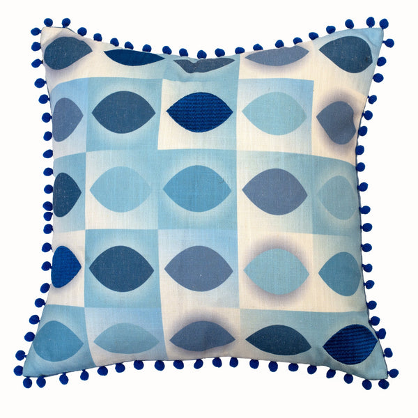 Emb Blue Almond Shape With Pom Pom Cushion