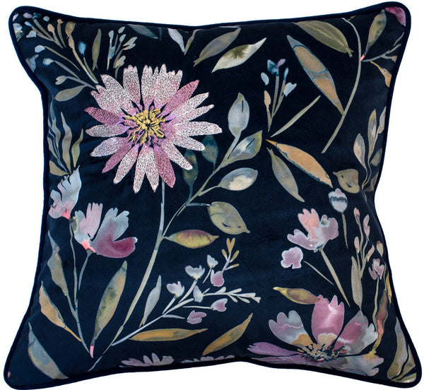 Pretty Floral Emb On Blue Cushion