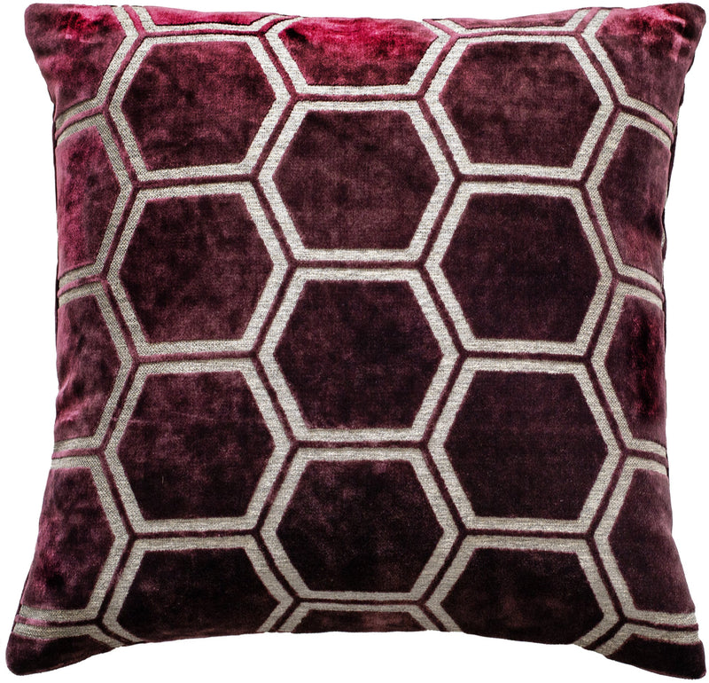 Small Hexagon Cut Velvet Aubergine Cushion