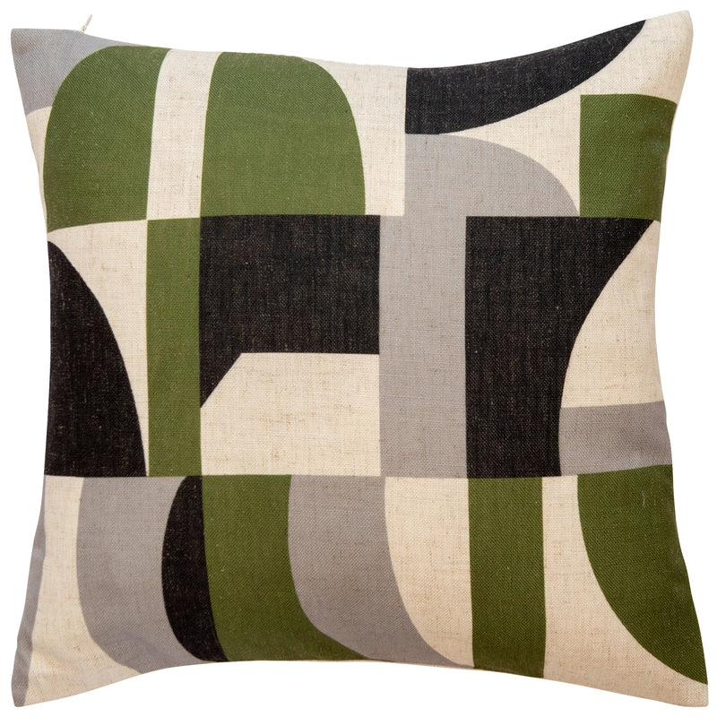 Geo Print On Faux Linen Olive Cushion