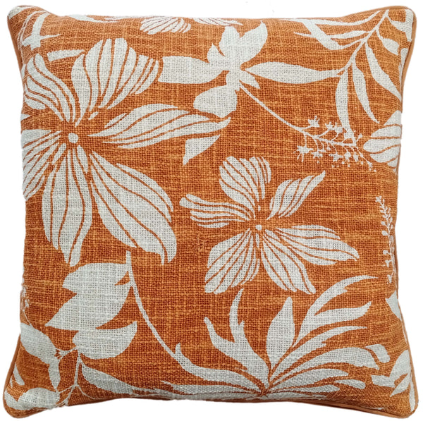 Floral Print On Loose Weave Orange Cushion