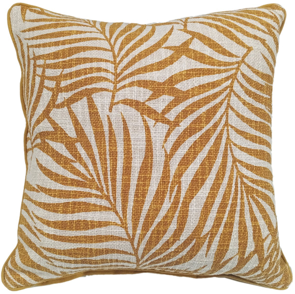 Leaf Print On Loose Weave Mustard Cushion