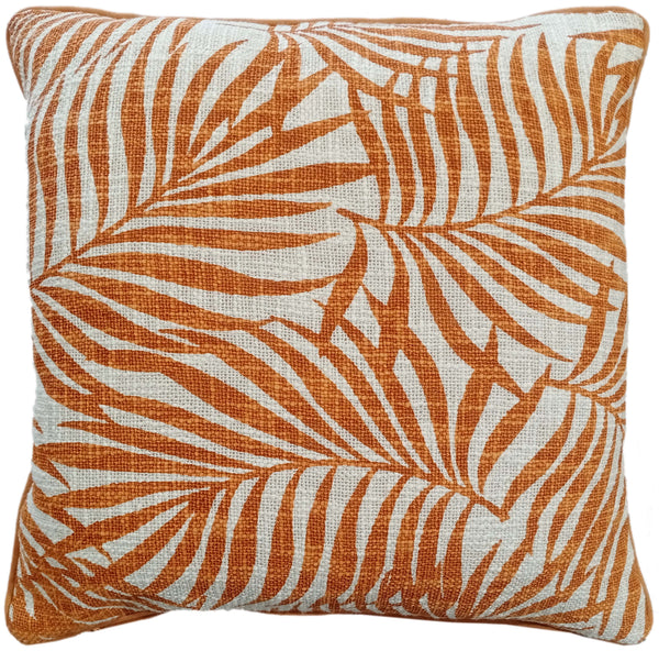 Leaf Print On Loose Weave Orange Cushion