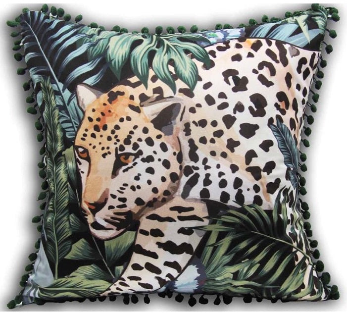 Leopard On Green Foilage With Pom Pom Edge Cushion